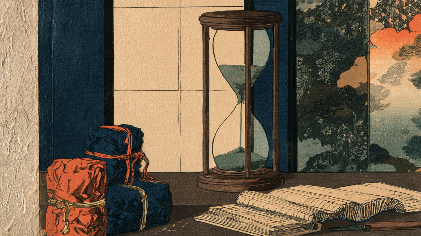 Ukiyo-e style illustration of a merchant's counting desk, with a wooden hourglass, parcels wrapped in orange and indigo cloth tied with cord, and an open ledger beside a window looking out on trees