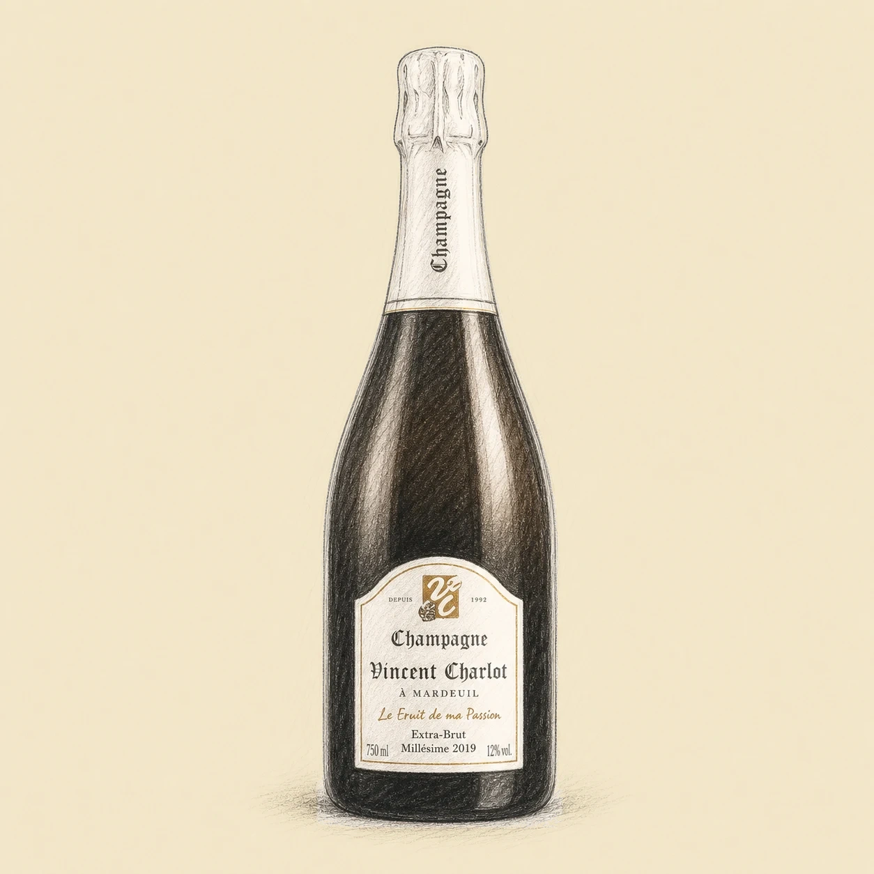 Vincent Charlot Le Fruit de ma Passion Millésime 2019 bottle illustration