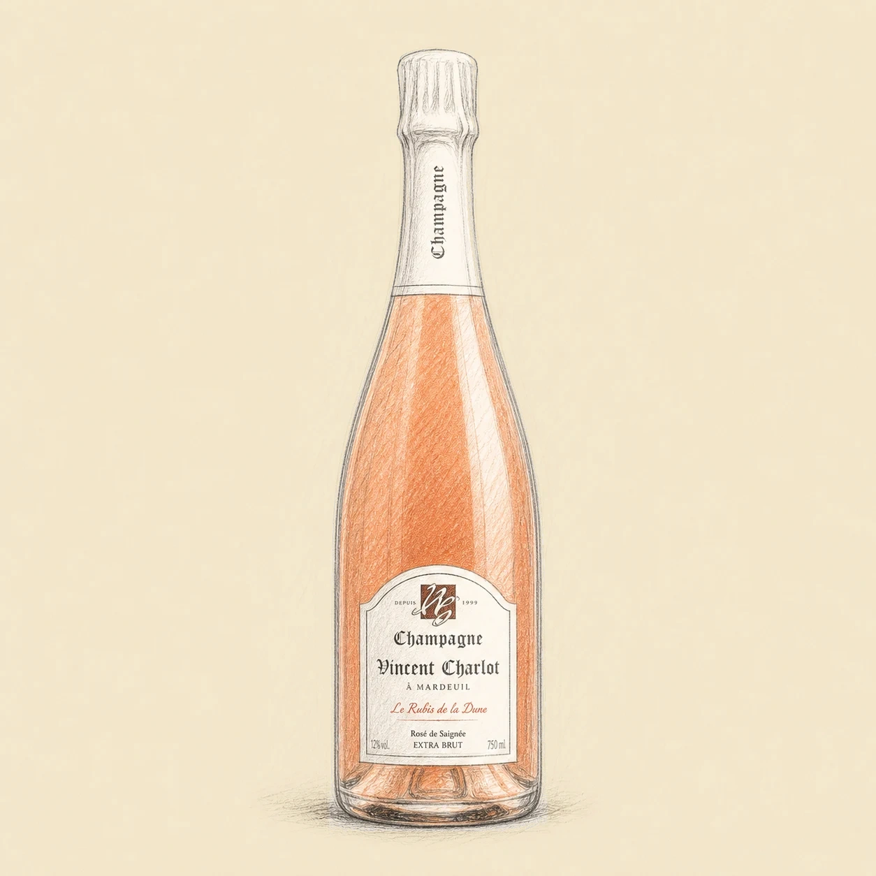 Vincent Charlot Le Rubis de la Dune Rosé de Saignée Extra-Brut Bio Millésime 2014 bottle illustration