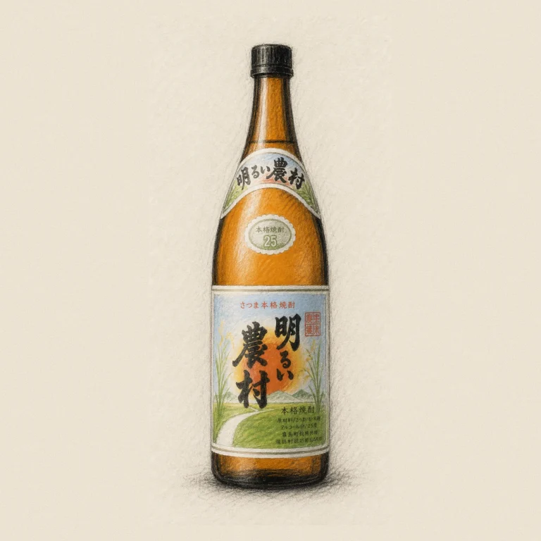 AKARUI NOSON / 明るい農村（あかるいのうそん）本格芋焼酎 rough hand-drawn charcoal sketch shochu bottle illustration