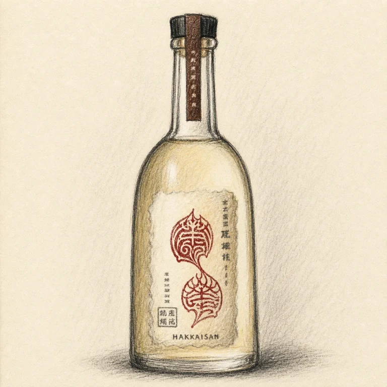 HAKKAISAN Fubaika Rice Shochu aged in Oak Barrel / 八海山 風媒花 rough hand-drawn charcoal sketch shochu bottle illustration