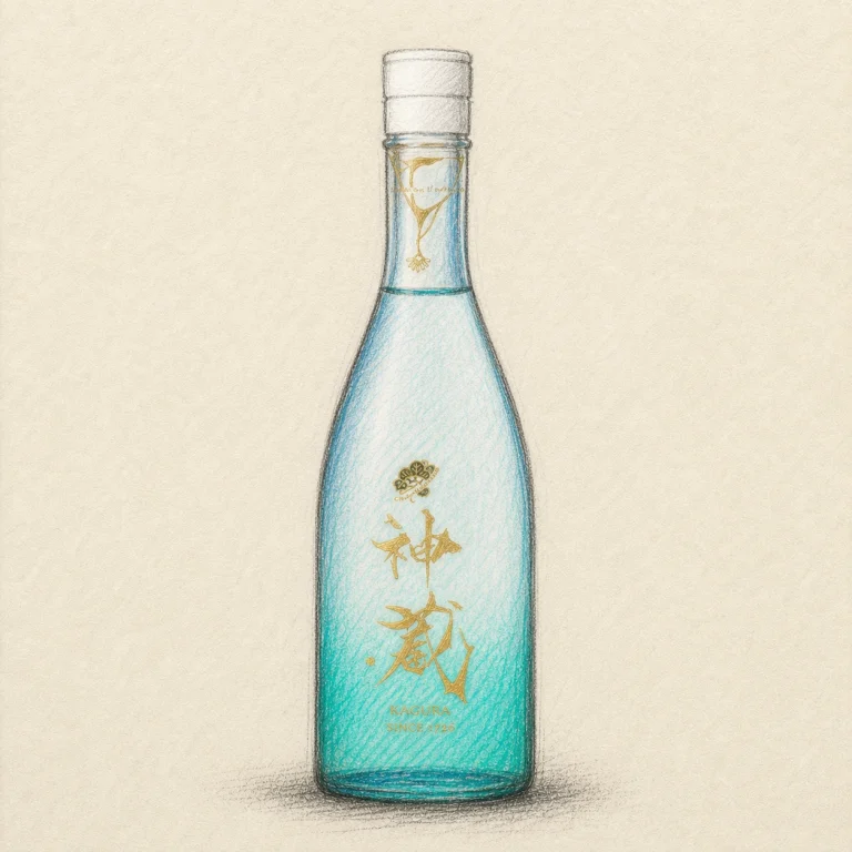 KAGURA Junmai Clear Non-filter Nama-Genshu rough hand-drawn charcoal sketch pale aqua bottle illustration