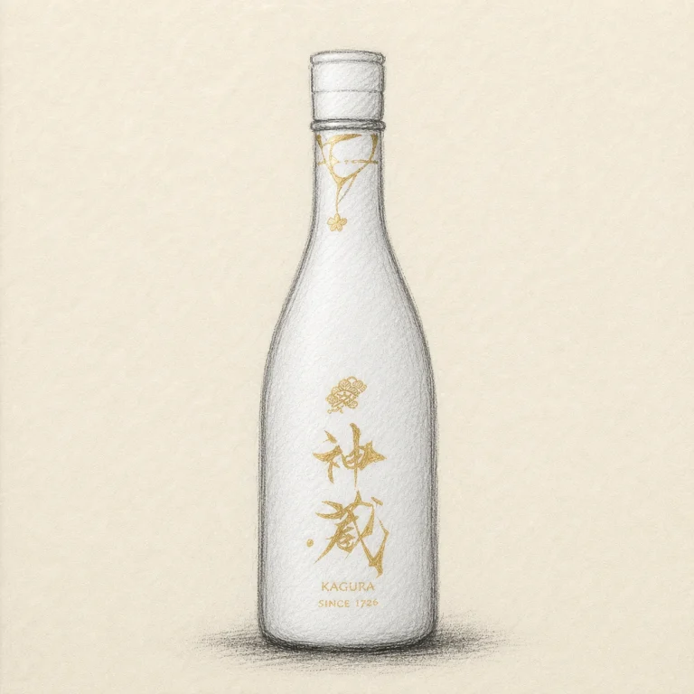 KAGURA Junmai-Daiginjo White rough hand-drawn charcoal sketch white bottle illustration, size matched to Midnight Blue