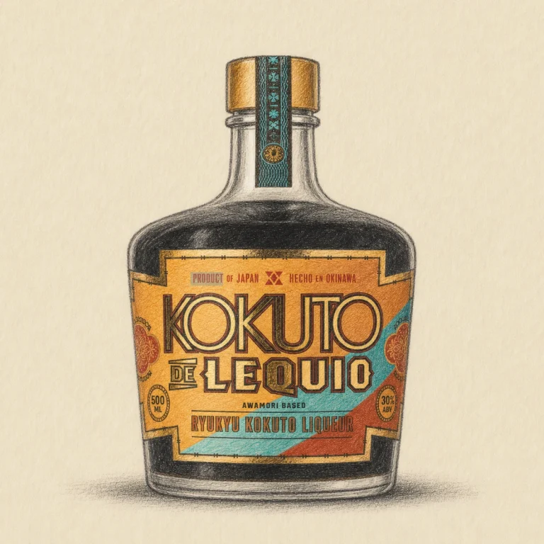 KOKUTO DE LEQUIO Kokuto Liqueur aligned rough hand-drawn charcoal sketch bottle illustration