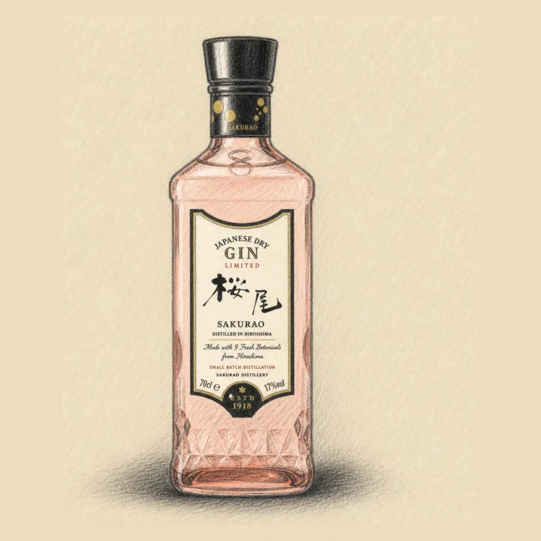 SAKURAO Japanese Craft Dry Gin Limited rough hand-drawn charcoal sketch gin bottle illustration