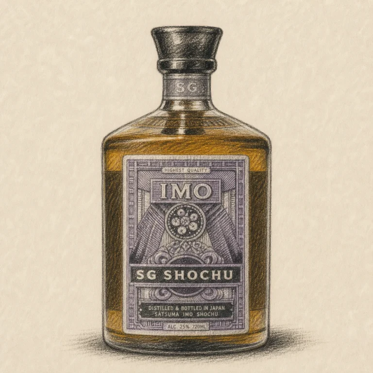 SG SHOCHU Imo rough hand-drawn charcoal sketch shochu bottle illustration