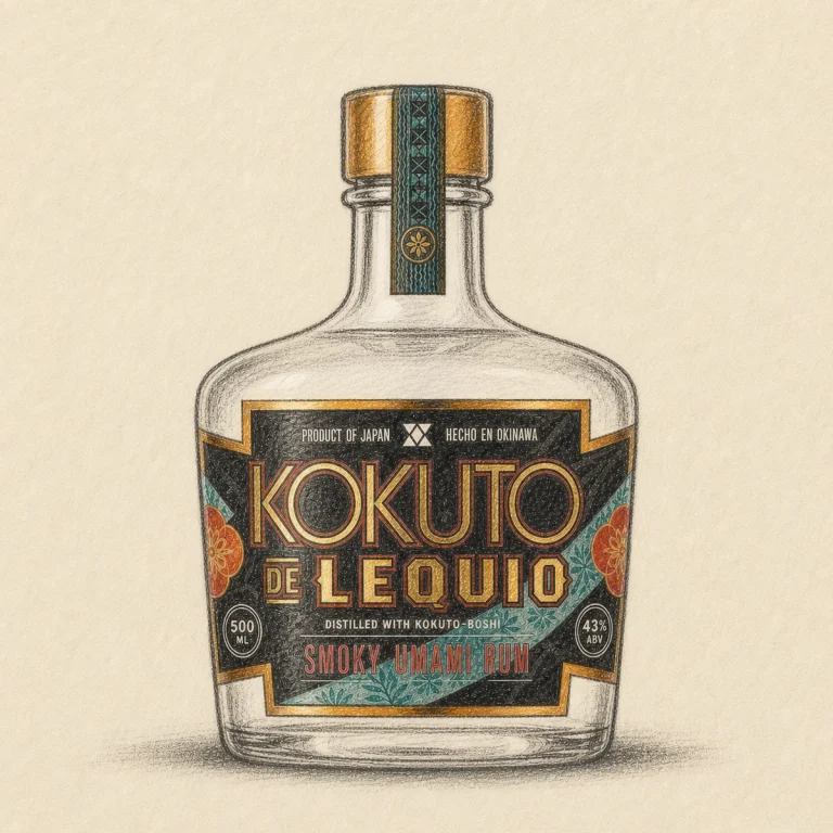 KOKUTO DE LEQUIO Smoky Umami Rum aligned rough hand-drawn charcoal sketch bottle illustration