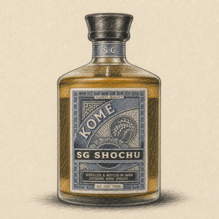 SG SHOCHU Kome rough hand-drawn charcoal sketch shochu bottle illustration