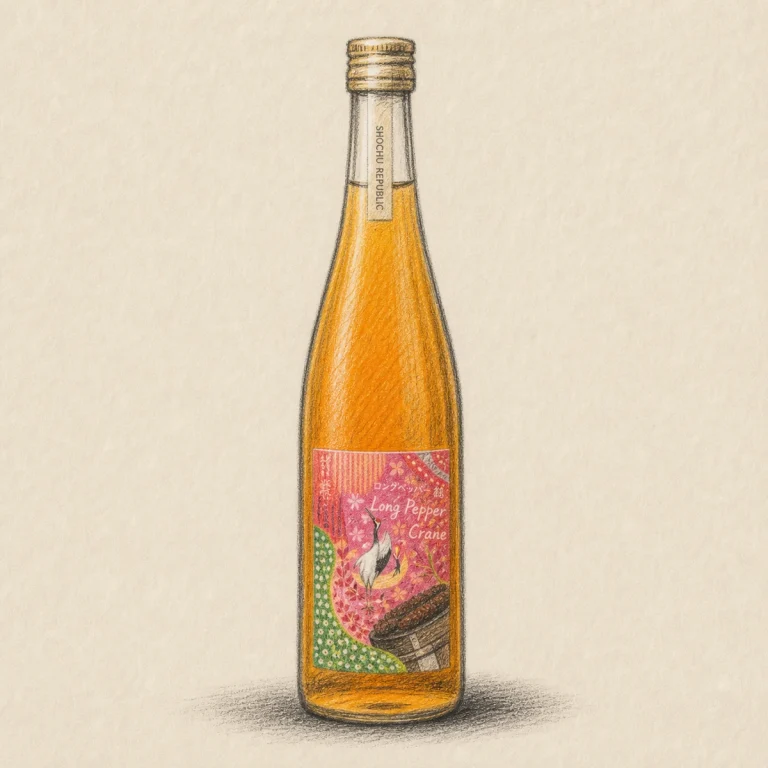 SHOCHU REPUBLIC Long Pepper Crane rough hand-drawn charcoal sketch shochu bottle illustration