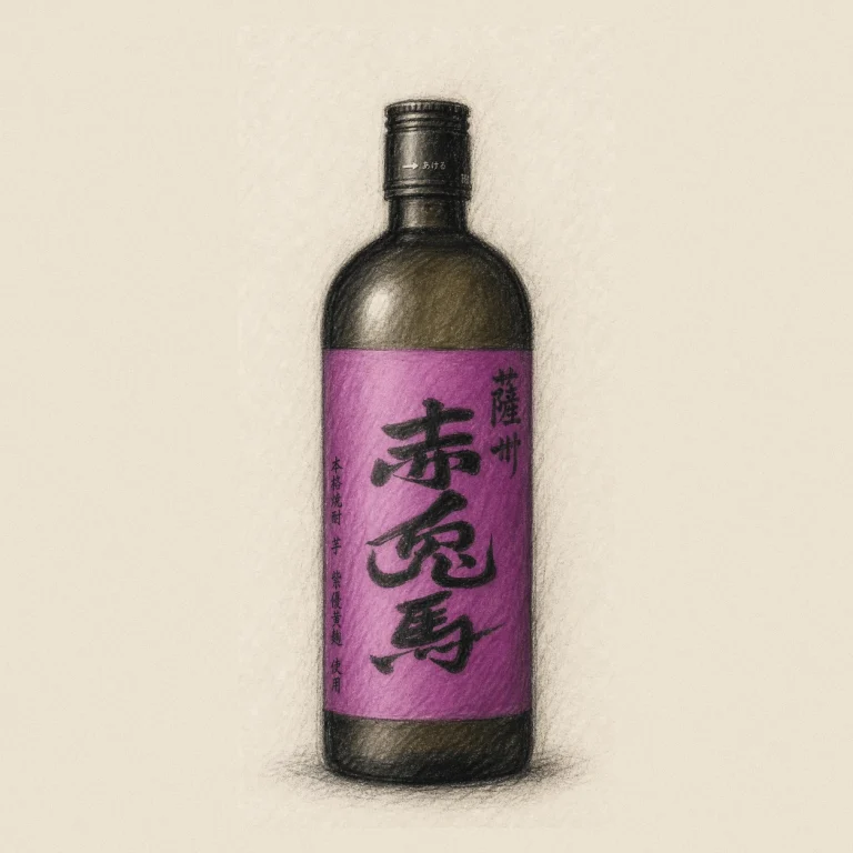 SEKITOBA Murasaki / 薩州 赤兎馬 紫 rough hand-drawn charcoal sketch shochu bottle illustration