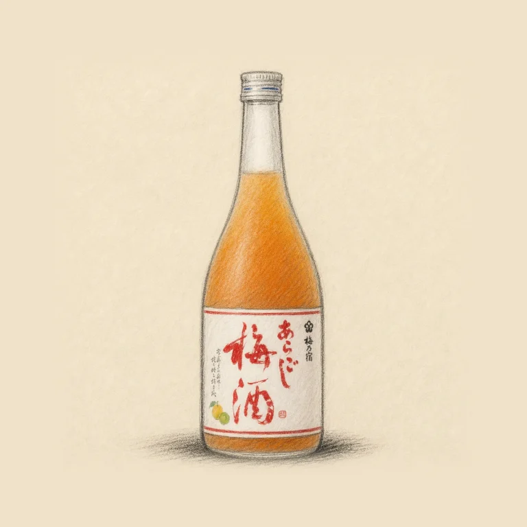 ARAGOSHI Umeshu / あらごし梅酒 rough hand-drawn charcoal sketch bottle illustration